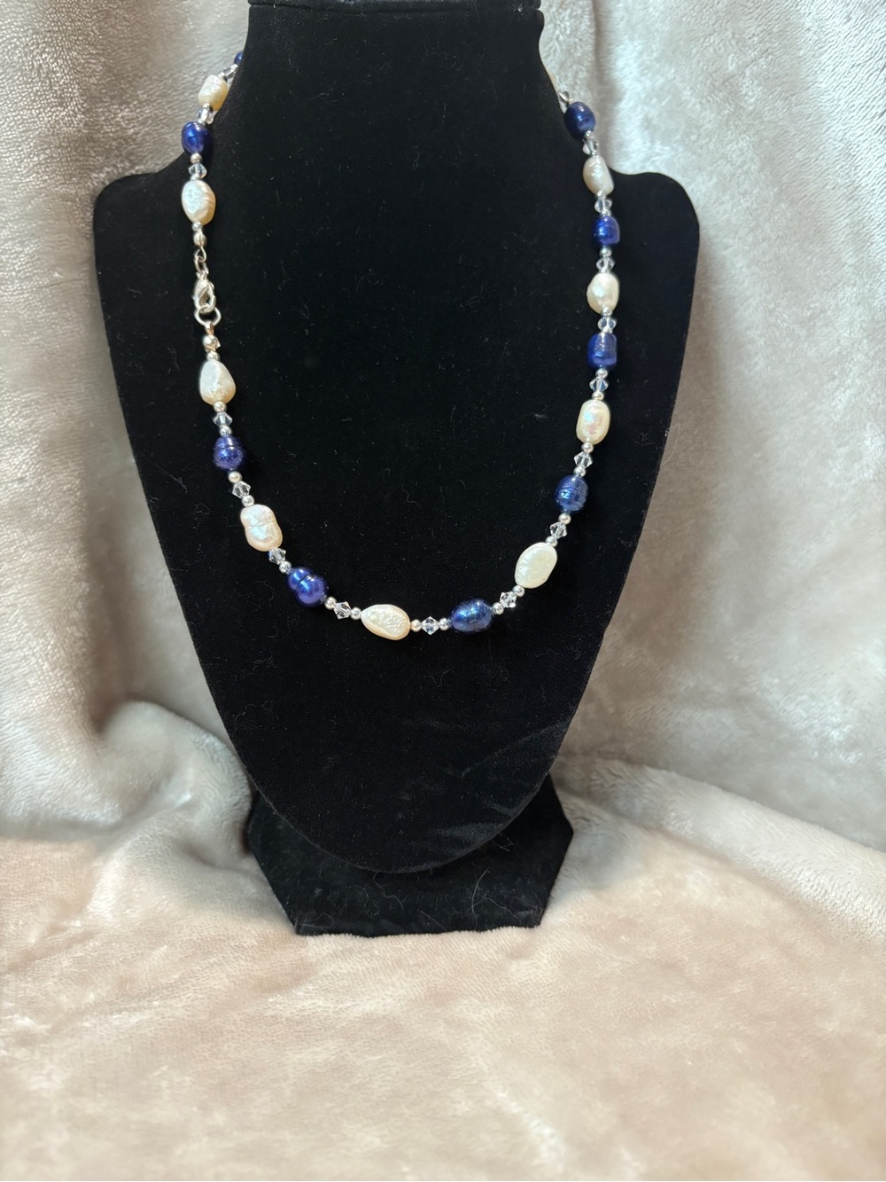 NEW Handmade Vintage-Style Blue & White Mother-of-Pearl Beaded Necklace  – 18 in